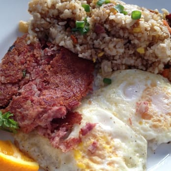 Moke's Bread & Breakfast - Corn beef hash with fried rice and eggs over hard - Breakfast & Brunch Near Me - Kailua, Hawaii