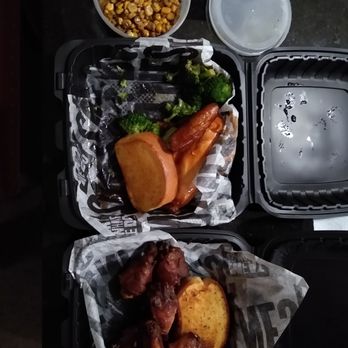Smokey Bones - my created 3 favorites of 2 orders of bone-in wings, 1/4 BBQ chicken, fire-roasted corn and broccoli with 2 toasts - Barbeque Near Me - Florence, Kentucky