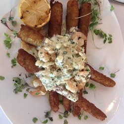 Jax On The Tracks - An appetizer to live for!!! Fried asparagus with crab, shrimp and garlic butter!