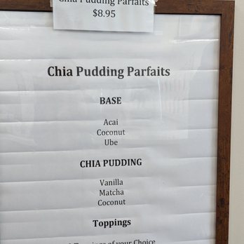 Simply Blended Juice Bar - 11.28.2022 menu (chia pudding parfaits) - Acai Bowls Near Me - Moreno Valley, California