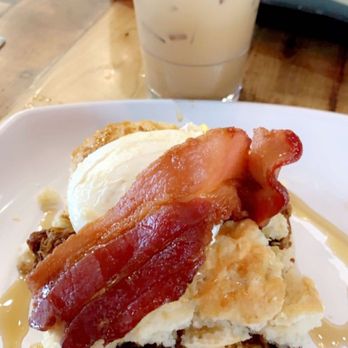 Biscuit Head - Iced Caramel coffee and biscuit with pulled pork; syrup, egg, bacon, and pimento cheese - Breakfast & Brunch Near Me - Greenville, South Carolina