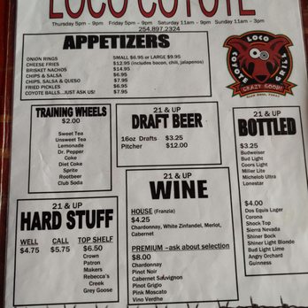 Loco Coyote Grill - Loco Coyote Menu Front - Barbeque Near Me - Glen Rose, Texas
