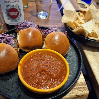 Bowl Dogs - Sliders and chips and salsa. Yes, that red stuff is salsa. - Bowling Near Me - North Liberty, Iowa