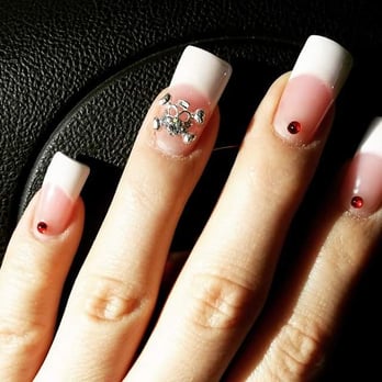 Elegance Nail II - P/W Gel w/gel TC & skull n cross bones on ring fingers & red rhinestones for valentine's 14 because #skullsarebetterthanroses by kim - Nail Salons Near Me - Middlesex, New Jersey