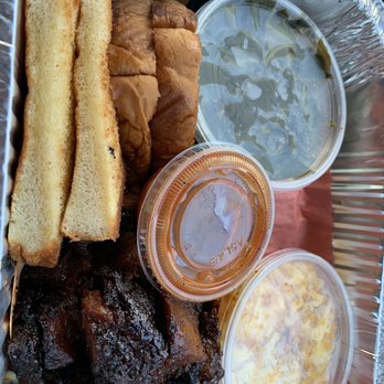 The Smoke Pit - Burnt tips with Mac and cheese, collard greens with Texas toast. - Barbeque Near Me - Gastonia, North Carolina The Smoke Pit - Burnt tips with Mac and cheese, collard greens with Texas toast. - Barbeque Near Me - Gastonia, North Carolina