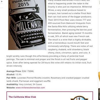 MiLLennial Wines - 2015 Babcock Vineyard designated Pinot Noir - Wineries Near Me - Lompoc, California