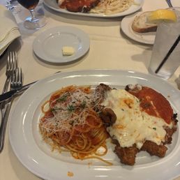 Chicken Parmesan with spaghetti and marinara
