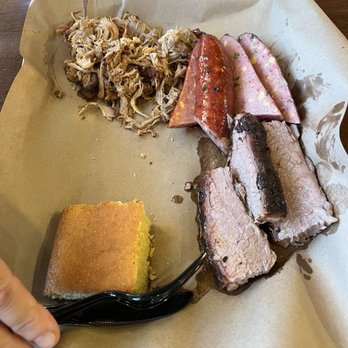 Mission BBQ - 3 meat sampler: moist brisket, jalapeño and cheese sausage, pulled pork - Barbeque Near Me - Wilkes-Barre Township, Pennsylvania Mission BBQ - 3 meat sampler: moist brisket, jalapeño and cheese sausage, pulled pork - Barbeque Near Me - Wilkes-Barre Township, Pennsylvania
