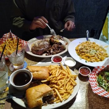 Mr Peabody's - (Clockwise) Side of fries. Ribeye w/mushroom, onion & loaded baked potato. Buffalo chicken mac n cheese. Two fish tacos. Prime dip w/fries. - Burgers Near Me - Encinitas, California Mr Peabody's - (Clockwise) Side of fries. Ribeye w/mushroom, onion & loaded baked potato. Buffalo chicken mac n cheese. Two fish tacos. Prime dip w/fries. - Burgers Near Me - Encinitas, California