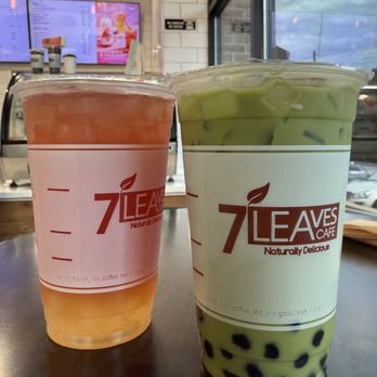 7 Leaves Cafe - Duluth - Strawberry Sunset (Strawberry Hibiscus and Sunset Passion half and half) and Matcha Soy - Coffee & Tea Near Me - Duluth, Georgia
