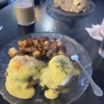 Chalkboard Cafe - Split Oyster and salmon cake Benedict + Redneck Benedict. - Breakfast & Brunch Near Me - Seaside, Oregon Chalkboard Cafe - Split Oyster and salmon cake Benedict + Redneck Benedict. - Breakfast & Brunch Near Me - Seaside, Oregon