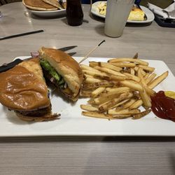 Perkins American Food - Classic Cheeseburger with a side of fries (I cut the burger in half)