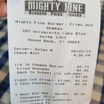 Mighty Fine Burgers University Oaks - The damage $16.83 - Burgers Near Me - Round Rock, Texas