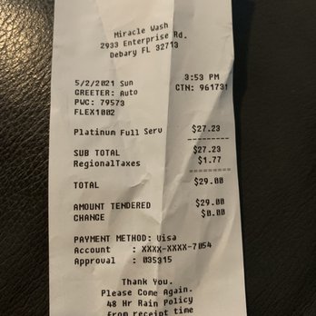 Miracle Car Wash - Receipt - Car Wash Near Me - DeBary, Florida Miracle Car Wash - Receipt - Car Wash Near Me - DeBary, Florida