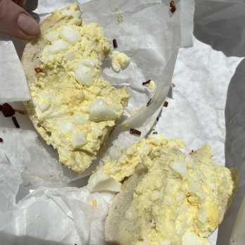 Strathmore Bagels - Why bother even putting this literal smear of egg salad on the bagel for $7???? - Bagels Near Me - East Setauket, New York