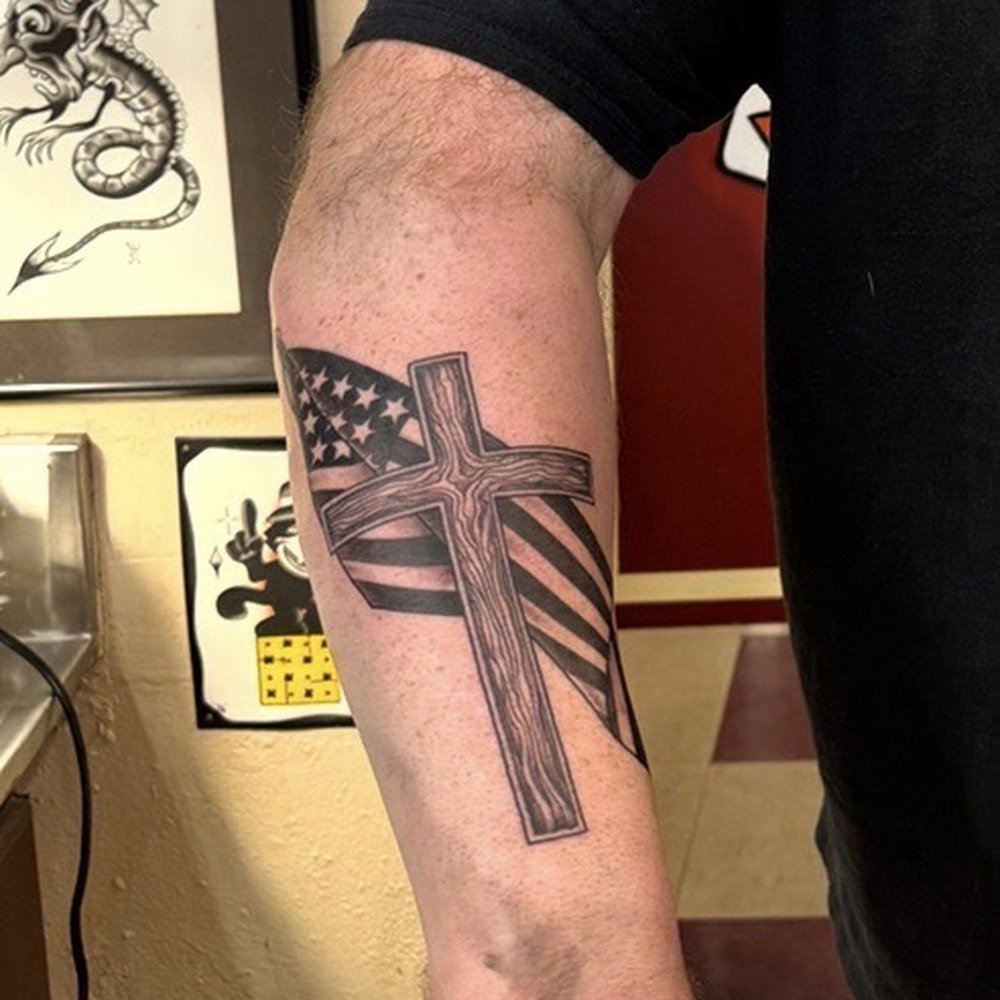 Classic Tattoo - My new American Flag and Cross Tat - Tattoo Near Me - Fullerton, California