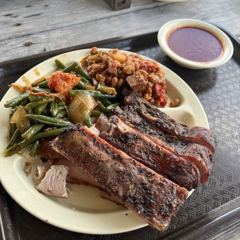Goode Company Barbeque - 2 meat combo with pork ribs, turkey (underneath the ribs), baked beans, and green beans - Barbeque Near Me - Houston, Texas Goode Company Barbeque - 2 meat combo with pork ribs, turkey (underneath the ribs), baked beans, and green beans - Barbeque Near Me - Houston, Texas