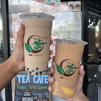 Tea Cafe - large almond milk with boba & HK milk tea with custard - Coffee & Tea Near Me - Aiea, Hawaii