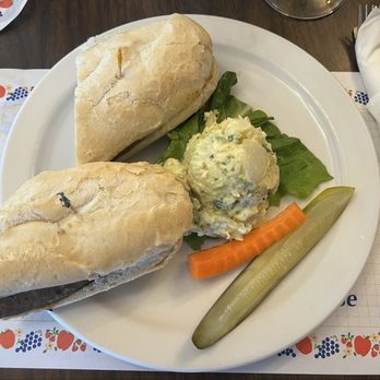 Paula's Pancake House - Grilled Danish Sausage & Havarti Cheese with potato salad side. - Breakfast & Brunch Near Me - Solvang, California Paula's Pancake House - Grilled Danish Sausage & Havarti Cheese with potato salad side. - Breakfast & Brunch Near Me - Solvang, California