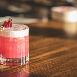 Ambrosia. Bourbon, hibiscus, lemon, aquafaba, ango bitters.