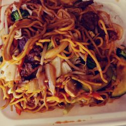 Yakisoba noodles with beef. Xtra spicy with fried rice