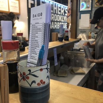 Daigo Handroll Bar - Counter. Menu and pen in a cup for you to start ordering. - Sushi Bars Near Me - Brooklyn, New York Daigo Handroll Bar - Counter. Menu and pen in a cup for you to start ordering. - Sushi Bars Near Me - Brooklyn, New York