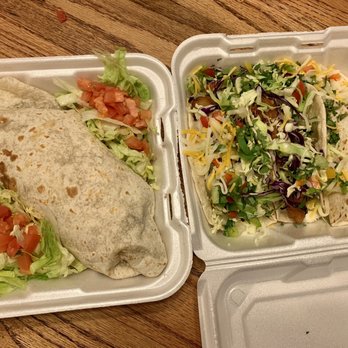 Taco-Lote - Veggie burrito (left) and three fish tacos (right). HUGE portions and so, so good! - Tacos Near Me - Olympia, Washington