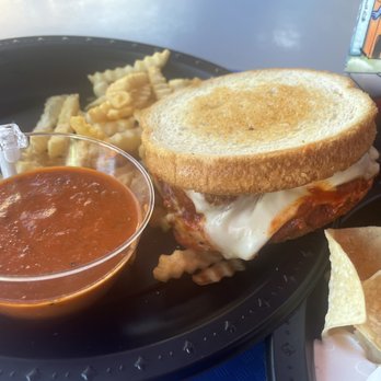 Minion Cafe - Meatball grilled cheese with fries and tomato soup. - Cafes Near Me - Universal City, California
