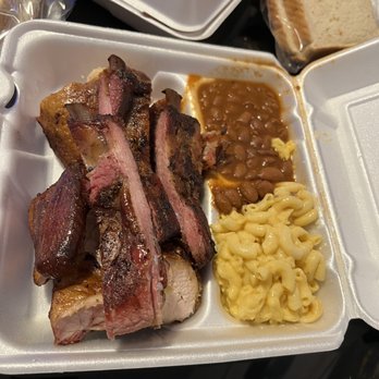 Burns Original BBQ - 2 meat platter with 2 sides. Ribs & Chicken side of beans and Mac & cheese - Barbeque Near Me - Houston, Texas