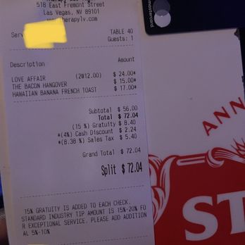 Therapy  - Weird math, cash discount added instead of subtracted from subtotal/gratuity. - Bars Near Me - Las Vegas, Nevada
