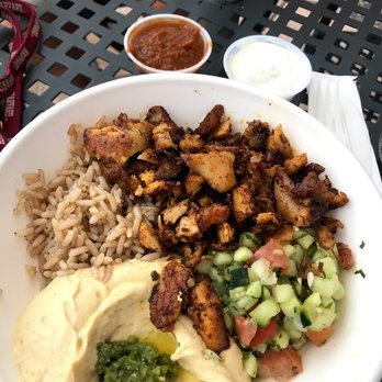 FelFel Mediterranean - The chicken shawarma bowl with hummus, mediterranean salad, brown rice, and tzatziuki and hot sauce on the side - Mediterranean Near Me - Denver, Colorado FelFel Mediterranean - The chicken shawarma bowl with hummus, mediterranean salad, brown rice, and tzatziuki and hot sauce on the side - Mediterranean Near Me - Denver, Colorado