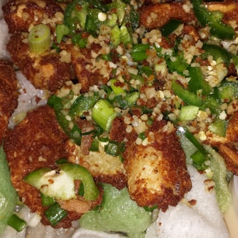 Monkey King Pub & Grub - Salt & Pepper Calamari w/deep fried shrimp chips, smothered with fresh jalapenos, green onions and garlic....pure yumminess!! - Asian Fusion Near Me - Alameda, California Monkey King Pub & Grub - Salt & Pepper Calamari w/deep fried shrimp chips, smothered with fresh jalapenos, green onions and garlic....pure yumminess!! - Asian Fusion Near Me - Alameda, California