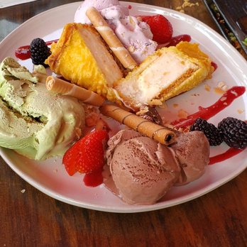 M Sushi Bistro - Deep fried cheesecake with chocolate, matcha and raspberry ice cream - Sushi Bars Near Me - Lodi, California M Sushi Bistro - Deep fried cheesecake with chocolate, matcha and raspberry ice cream - Sushi Bars Near Me - Lodi, California