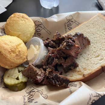 Kue'd Smokehouse - Burnt ends and corn muffins. Comes with bread and pickles - Smokehouse Near Me - Waukee, Iowa