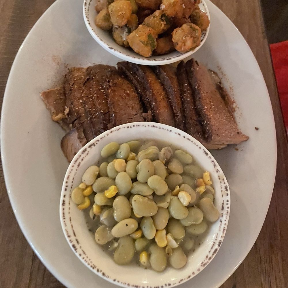Brisket with fried okra and limas/corn (sides not GF) Brisket with fried okra and limas/corn (sides not GF)
