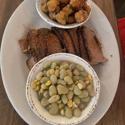 Brisket with fried okra and limas/corn (sides not GF) Brisket with fried okra and limas/corn (sides not GF)