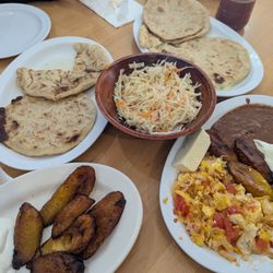 Juanita's Restaurant - Pupusas (bean and loroco), breakfast plate with eggs and refried beans