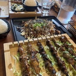 Chicken/beef/pork skewers and Japanese pancake