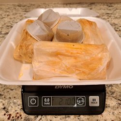 Yolanda's Tamales Factory - 4 tamales + 3 salsa + 1 box = 2 lb 10 oz - Each tamale seems at least 1/2 a pound! Heavy box.