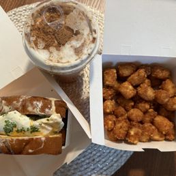 Spicy Royal West. Tater Tots & Biscoff Latte.