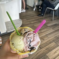 Cold Fusion Gelato - Pistachio, cappuccino chips, strawberry stracciatella