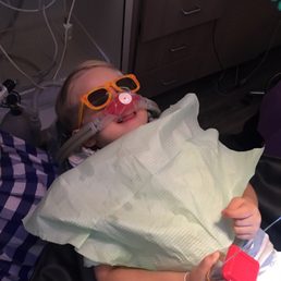 Relaxed and happy at the dentist my 3 year old boy loved the glasses and his elephant nose!