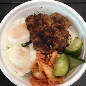 9Bar HNL - Aloha bowl which consists of 2 poached eggs, home made sausage patty, rice w furikake, and kim chee. - Coffee & Tea Near Me - Honolulu, Hawaii