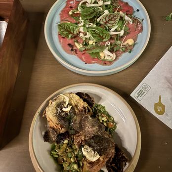 The Block At Woods Hill - beef carpaccio and fried artichoke - Tapas/Small Plates Near Me - Boston, Massachusetts