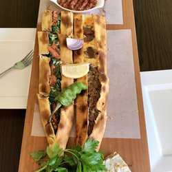 Turquoise Maison Ankara - Spinach cheese, The mixed meat boat; chicken, soujuk with cheese and minced meat. Also, an oversized folded lahmacun. A1 for all!