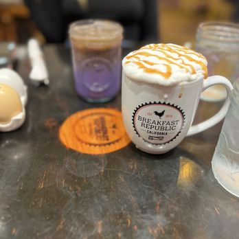 Breakfast Republic - Salted Carmel Latte LG (if you don't like sugar bombs - HALF SWEET IS ENOUGH TRUST ME) & Iced Ube Latte - Breakfast & Brunch Near Me - Irvine, California