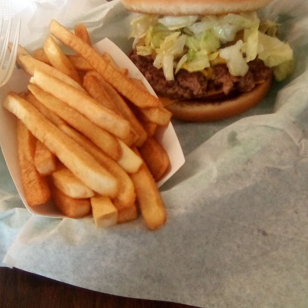 Burger Nook's single Great Burger with fries. Burger Nook's single Great Burger with fries.