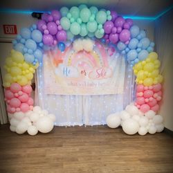 The Hidden Gem Event Space - Gender Reveal- Rainbow Baby Balloon Arch- Sheer Curtains- Curtain Lights- Banner