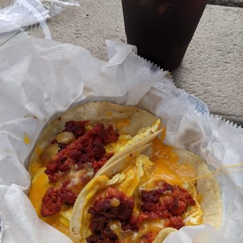 Jessi's Coffee Shop - Chorizo breakfast tacos + ice black coffee - Coffee & Tea Near Me - Brooklyn, New York