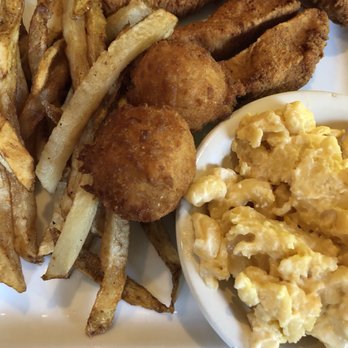 Almost On the Lake - Chicken tenders with hush puppies, fries (cold) and Mac & Cheese (also cold) - American Near Me - Wilkesboro, North Carolina Almost On the Lake - Chicken tenders with hush puppies, fries (cold) and Mac & Cheese (also cold) - American Near Me - Wilkesboro, North Carolina